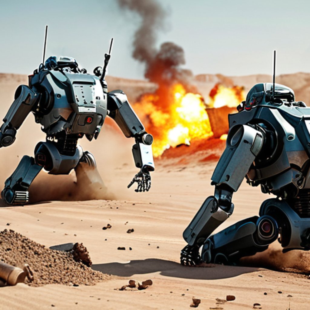 **

A futuristic battlefield scene depicting robot soldiers performing dangerous tasks like mine clearing. Focus on the advantage of robots reducing human casualties. Emphasize technology but also the stark environment of war.

**